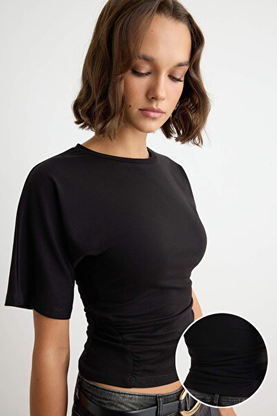 Trendyol Collection Black Bat Sleeve Waist-Fitted Gathered Crew Neck Cotton S...