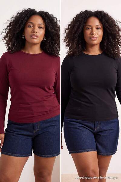 Trendyol Curve Black-Claret Red Viscose Draped Soft Buttoned Knitted Plus Siz...