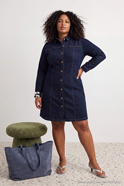 Trendyol Curve Mavi*001 A-Line Stretch Denim Plus Size Dress Tbbaw26Ah00056
