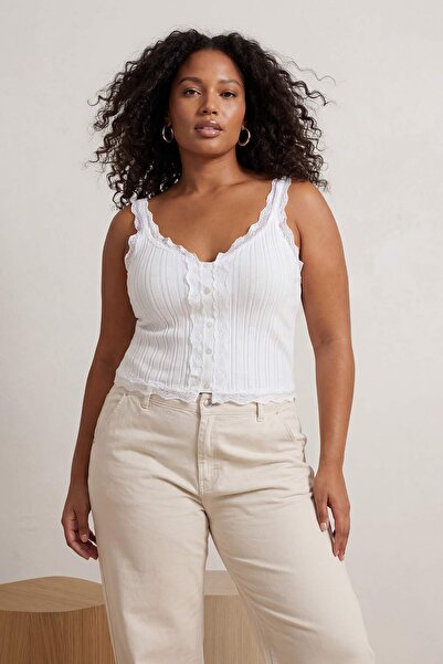 Trendyol Curve Ecru Lace Detailed Corded Fabric Summer Fine Knit Blouse Tbbss...