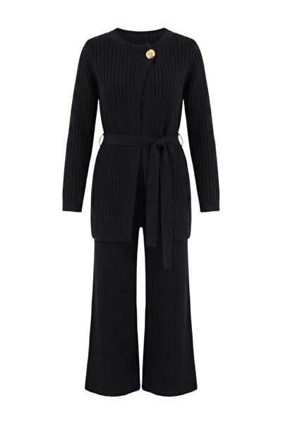 Trendyol Modest Navy Blue Regular Ribbed Knitwear with Waist Tie Detail - Hij...