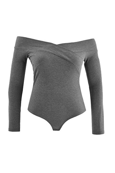 Trendyol Curve Gray Carmen Collar Ribbed Bottom Snap Fastener Flexible Knitte...