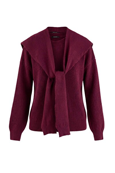 Trendyol Collection Plum Soft Textured Wide Fit Shawl Knitwear Sweater Twoaw2...