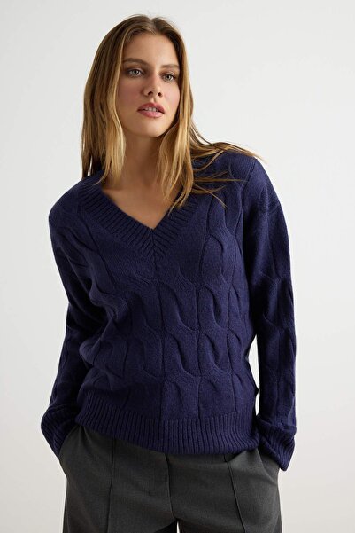 Trendyol Collection Navy Blue Soft Textured V-Neck Hair Knit Oversize Knitwea...