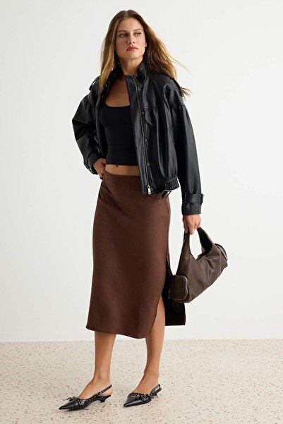 Trendyol Collection Brown Suede Slit Knitted Midi Pencil Skirt Twoaw26Et00018