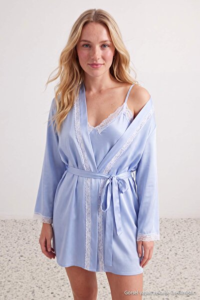 Trendyol Collection Blue Lace Detailed Satin Woven Dressing Gown + Nightgown ...