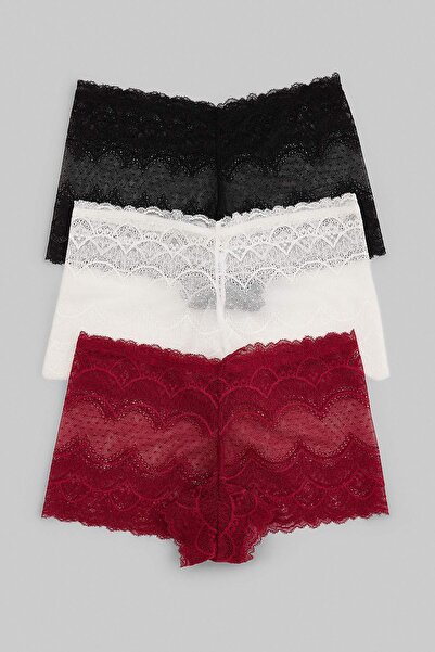 Trendyol Collection Black-White-Burgundy 3-Piece Lace Polka Dot Boxer Briefs ...
