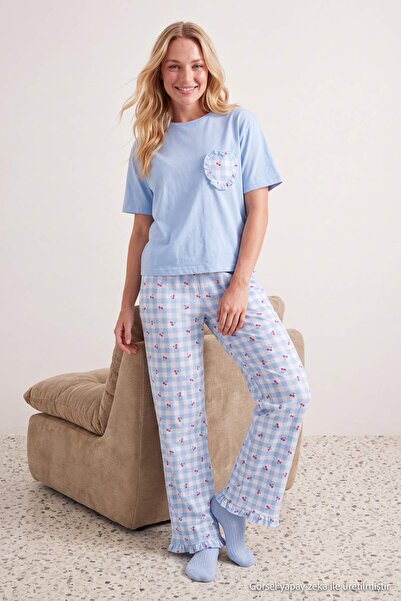 Trendyol Collection Blue 100% Cotton Cherry and Plaid Ruffle Knitted Pajamas ...