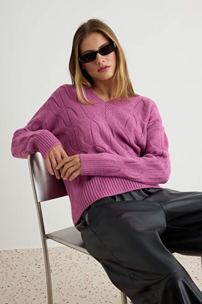 Trendyol Kollektion Lila, weich strukturierter, übergroßer Strickpullover mit...