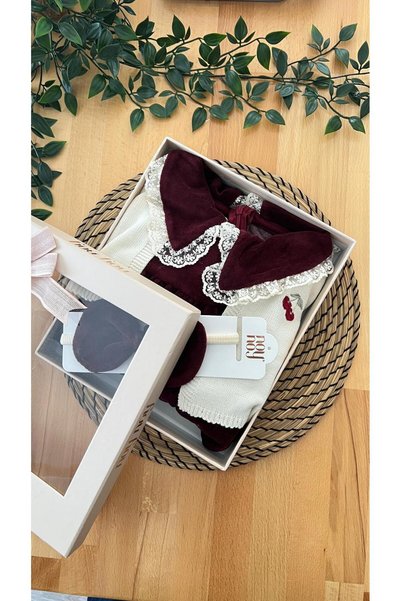 NoyNoy Baby Baby Girl Velvet Dress, Knitwear Cardigan and Bandana 3-Piece Stylish Set