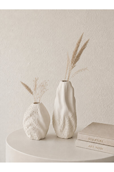 Cavanoz Elara Dokulu Seramik Vazo El Yapımı Minimal Modern Konsol ve Sehpa Ak...