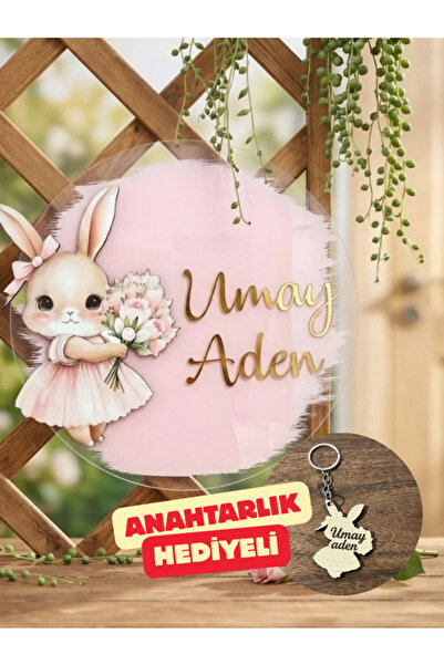 CUTORYA Tavşanlı ve Çiçekli Şeffaf Pleksi İsimlik - Modern Bebek Odası Dekora...