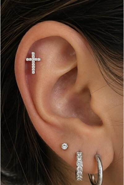 Arescollection 1 ADET ZİRKON TAŞLI HAÇ TRAGUS HELİX LOBE UYUMLU PİERCİNG