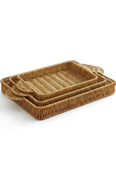 Go İthalat Rattan Görünümlü 3'lü Plastik Tepsi Seti Dikdörtgen Hasır Dokulu S...