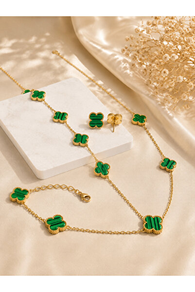 Inure Jewelry Glare Yeşil Yonca Model Kadın Çelik (KOLYE & BİLEKLİK & KÜPE) 3...