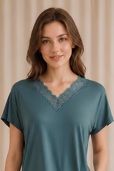 Jusmart Women's Green Short-Sleeved V-Neck Lez Lace Viscose Shorts Set with Pockets 2-Piece Top and Bottom Pajama Set 94% Viscose 6% Elastane Knitted Fabric Ring Quality Comfortable Stylish Comfortable Home Wear Homewear