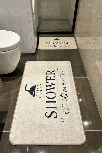 ÇELEBİ HOME TEKSTİL Shower Time Desenli Bej Makinede Yıkanabilir Kaymaz Taban...