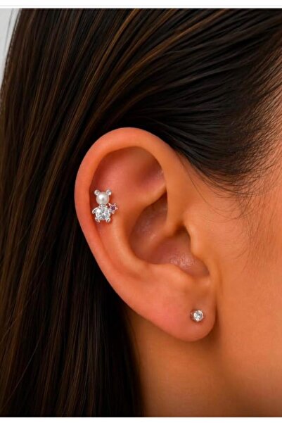 Arescollection 1 ADET ZİRKON TAŞLI AYICIK TRAGUS HELİX LOBE UYUMLU PİERCİNG