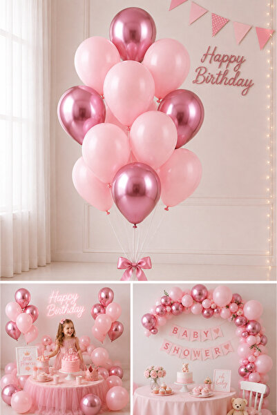 Parti dolabı Krom Pembe Ve Makaron (Pastel) Pembe Renk 15 Li Balon Parti Doğu...