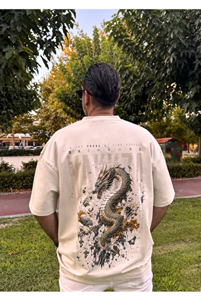 Genel Markalar ESOTERICA Erkek Krem Özel Tasarım Yakuza baskılı Yarım Oversiz...