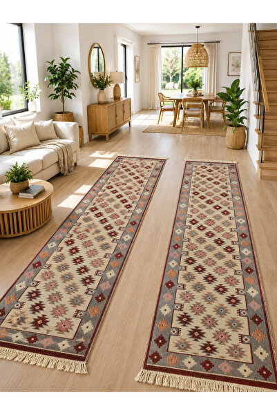 Horecahome Covoare tradiționale 1+1, dimensiune 60 x 200 cm, roșu și crem, mo...