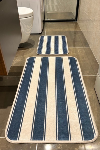 ÇELEBİ HOME TEKSTİL Marina Çizgili Lacivert Makinede Yıkanabilir Kaymaz Taban...