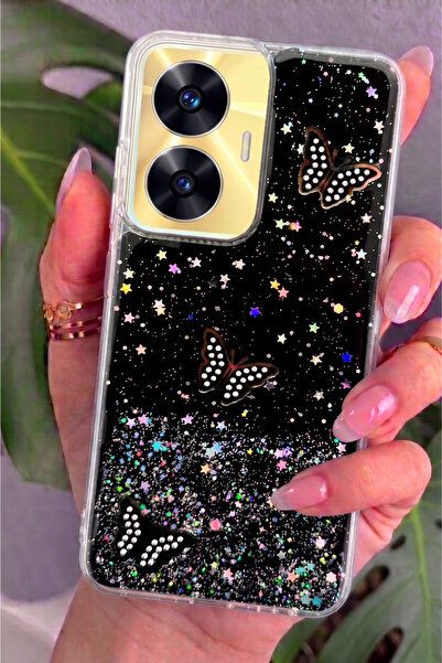 Rivor Realme C55 Uyumlu Kılıf Kamera Çıkıntılı Simli Kelebek Kabartmalı Desen...