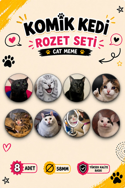 Komik Kedi Rozet Seti 8'li 58 mm Cat Meme Kedi Rozetleri Çanta Kıyafet Rozeti