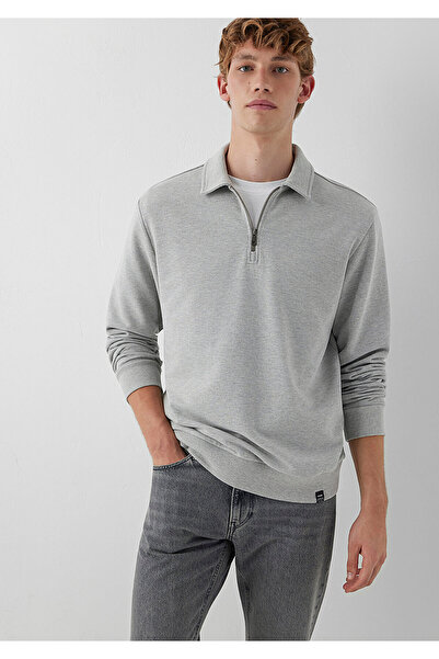Mavi Fermuarlı Gri Polo Sweatshirt 0S10622-88467