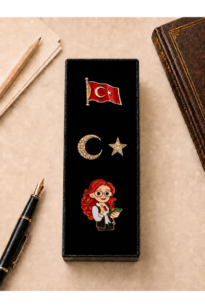 PULİNİN DÜKKANI Öğretmen Temalı Broş Seti – Kitaplı Kadın, Ay Yıldız ve Bayra...