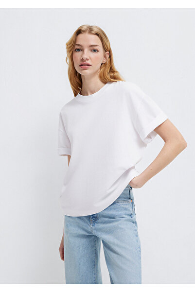 Mavi Nakışlı Beyaz Basic Tişört Loose Fit / Bol Rahat Kesim 1613225-620