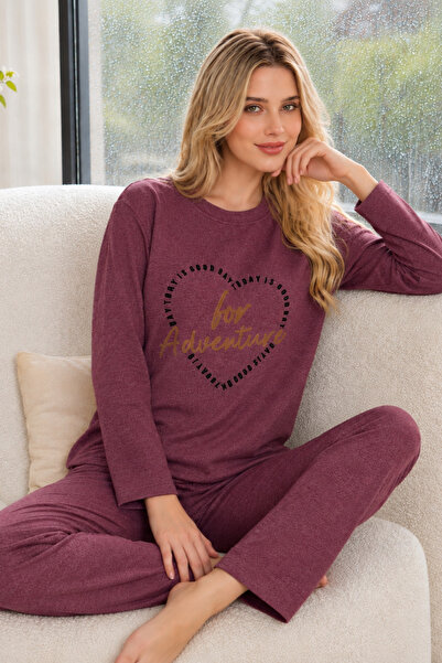 ELİTOL Burgundy Heart Patterned Cashmere Pajama Set