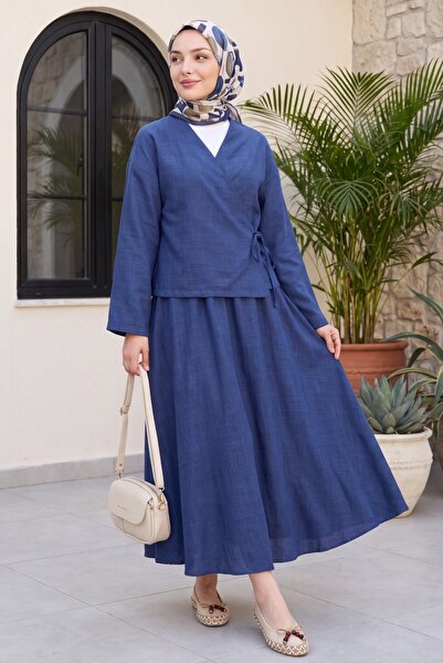 Modamorfo Linen Look Suit with Side Tie Skirt - Navy