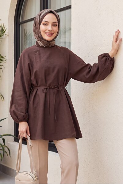 Modamorfo Round Neck Lace up Waist Balloon Sleeve Tunic - Brown