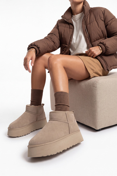 Marjin Women's Thick Sole Fur-Lined Ankle Boots Tefis Beige Suede
