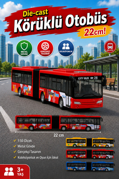 craftivio Körüklü Oyuncak Otobüs Diecast Metal Gövde 22 cm 1:50 Ölçek