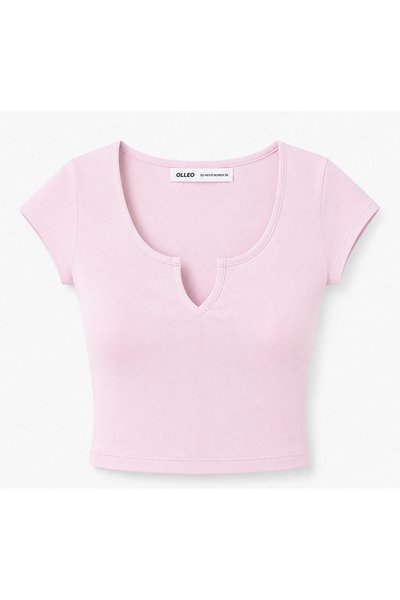 olleo studio Women's Pink V-Neck Lycra Ribbed Short Sleeve Crop Body