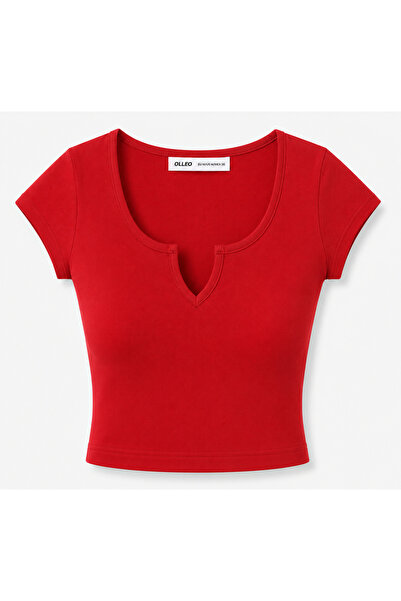 olleo studio Women's Red V-Neck Lycra Ribbed Short Sleeve Crop Body