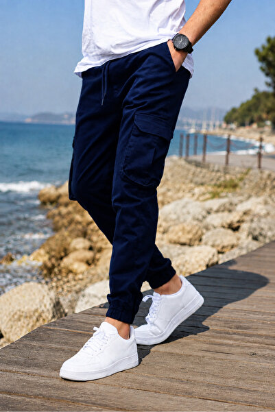 SERAZAT Pánské bavlněné kalhoty Lycra Cargo Pocket Navy Blue Kalhoty s bočním...