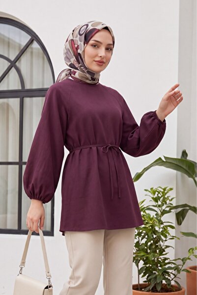 Modamorfo Round Neck Tie-Waist Balloon Sleeve Tunic - Burgundy