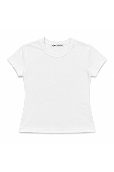 olleo studio Women's Ecru Basic Crew Neck Stretchy Short Sleeve Tshirt