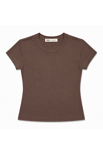 olleo studio Women's Brown Basic Crew Neck Stretchy Short Sleeve Tshirt
