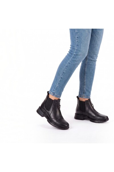 ayaktrendi Women's Leather Daily Boots 1453 - Black - 41