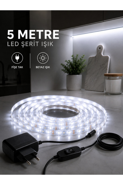 luxshome Mutfak Dolabı Tezgah Üstü Için 5 Metre Beyaz Şerit Led Işık Adaptörl...