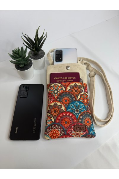 AKSESUARSEPETİ Handmade Phone Bag with Pockets, Ethnic Pattern, Adjustable Strap