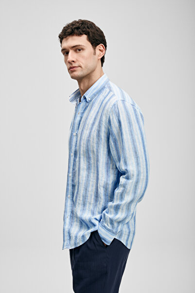 Lufian Sarve Men's Linen Shirt Regular Fit Blue