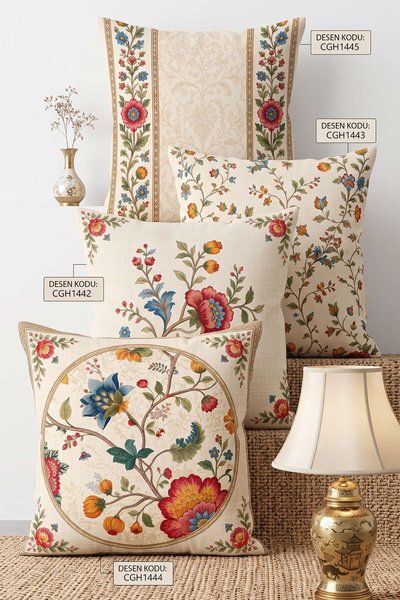 Cango Home Vintage Çiçek Motifli Desenli Dekoratif 4'lü Kırlent Kılıfı 1 Runner Seti 4kmbs343-RS