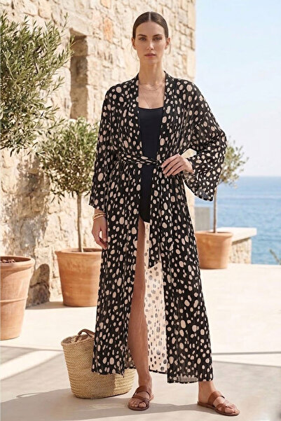 Deriderim Siyah Beyaz Puantiyeli Kaftan Plaj Elbisesi Kaftan