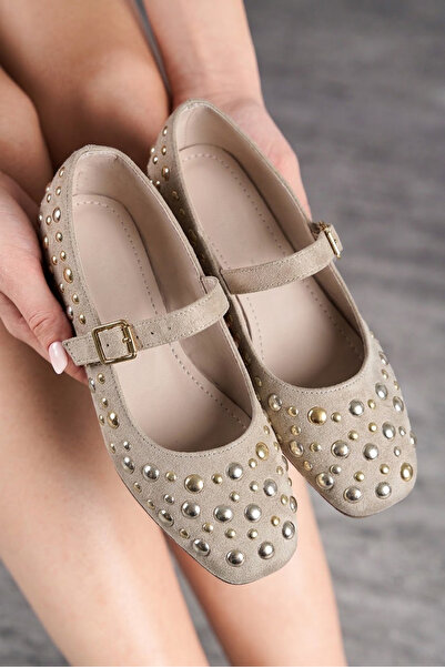 Nstil Daily Beige Women's Flat Shoes with Troc Heel, Single Strap, Gold Buckl...