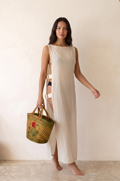 Merfico 100% Cotton Cut-Out Look Beach Dress with Ring Detail |   Natural Tex...